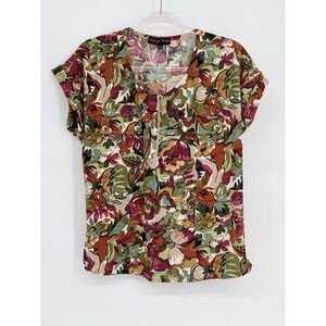 Vintage Rose Women's Floral Print Short Sleeve Zipper Front Top XL